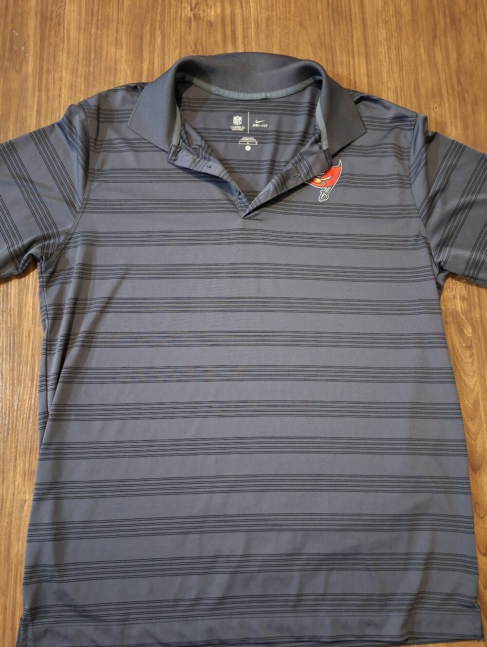 NFL Men's Dark Gray Striped Polo with Buccaneers Patch